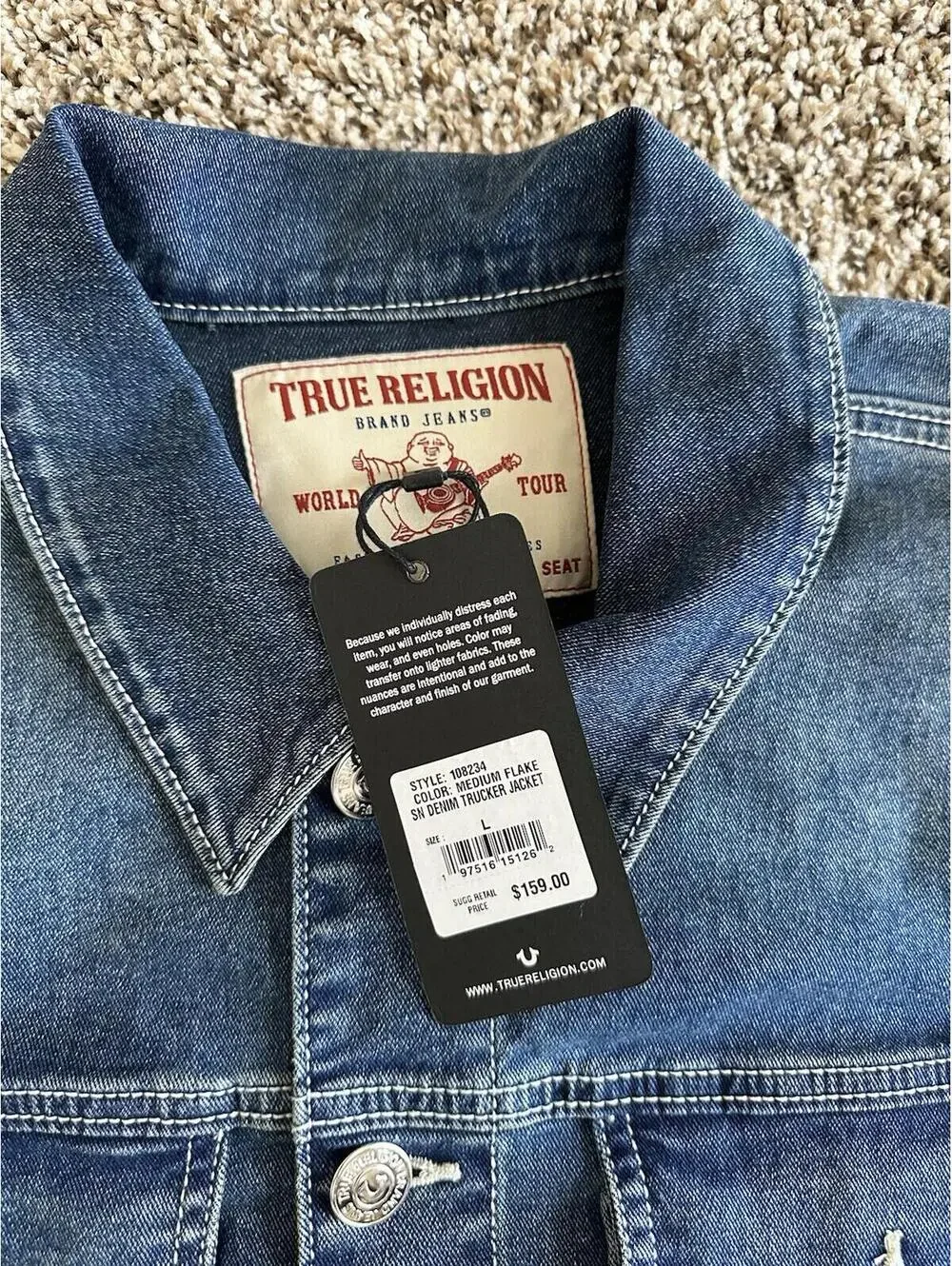 True Religion Denim Trucker Jacket Men's Blue Medium Flake New Size Large $159